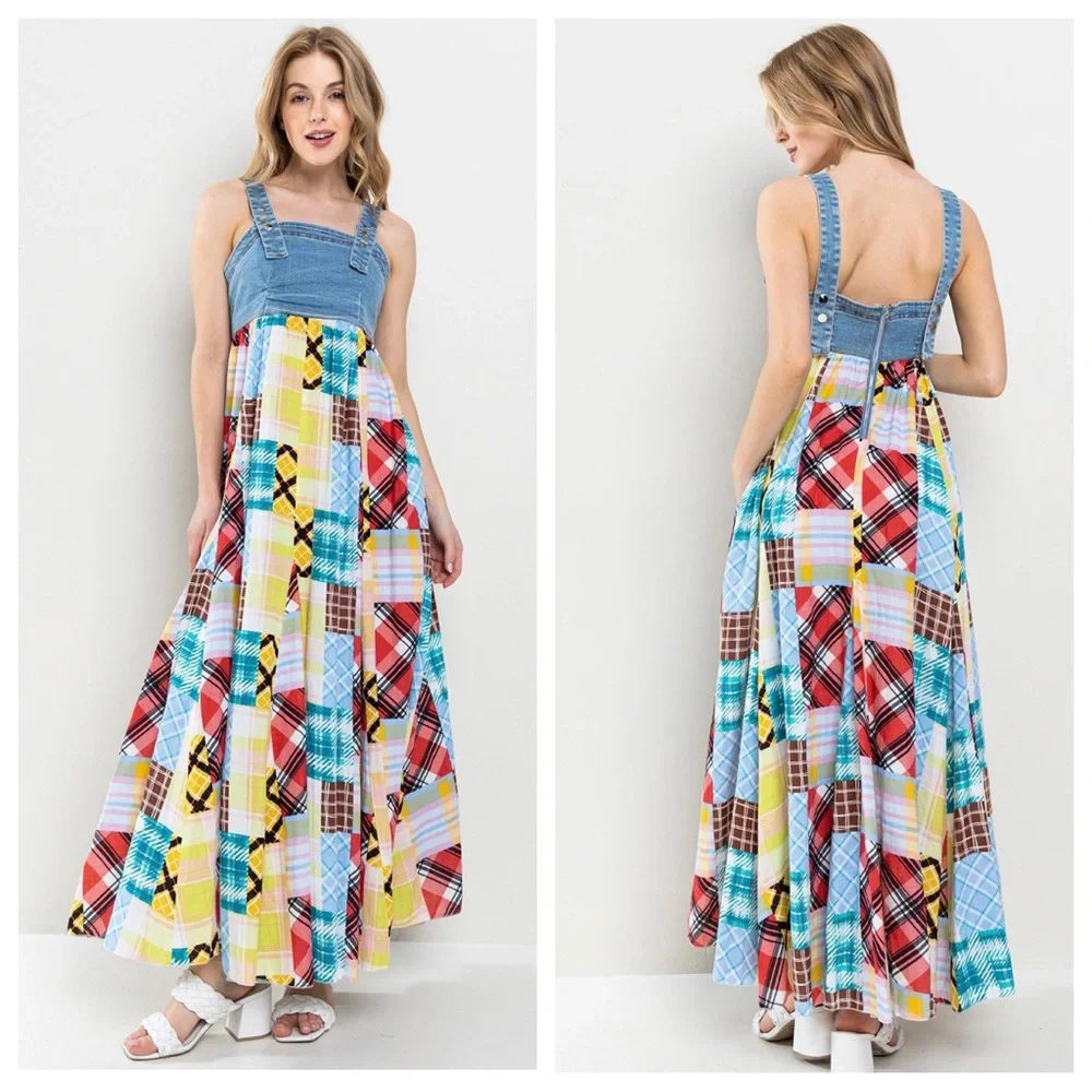 24 Fabulous Denim Multi Fabric Pleated Suspender Maxi Dress - Picture 1 of 5